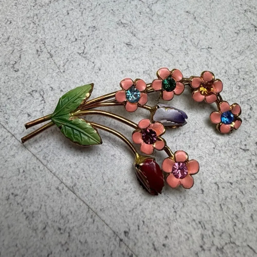 Vintage Austrian Hand Painted 60s Floral Bouquet Brooch Crystal
